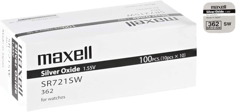 Maxell SR721/362 0.5 Ampere Oxide Batteries, 100 Pieces, Silver
