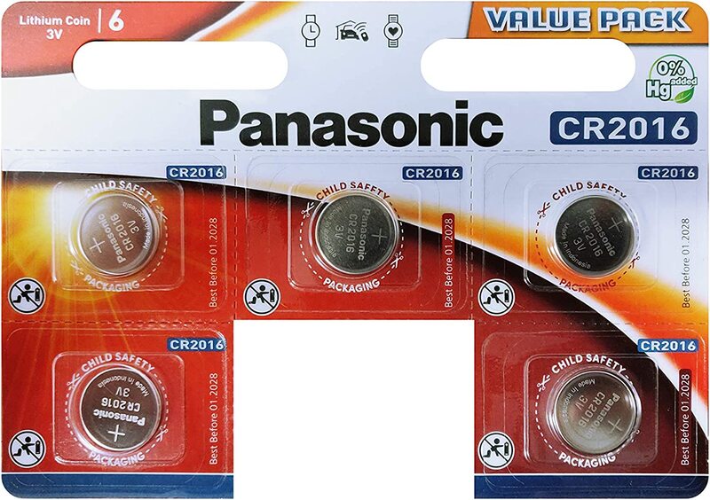 Panasonic CR2016 3V Lithium Battery, 5 Pieces, Silver
