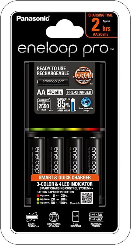 Panasonic Eneloop Pro Charger with 4 x AA 2550Mah Rechargeable Batteries, Black