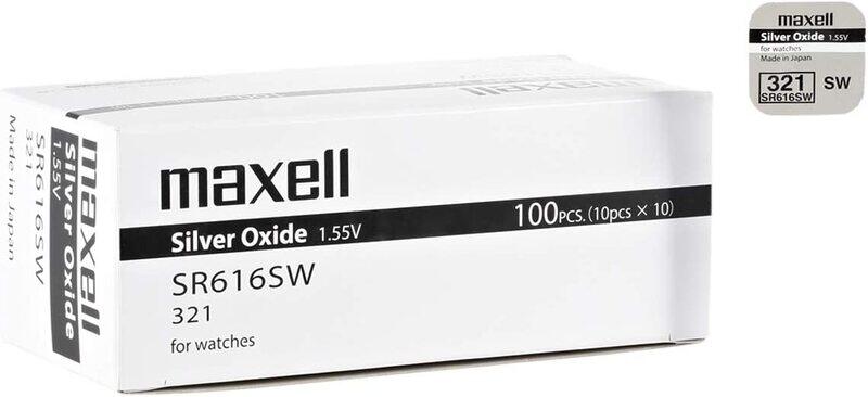 

Maxell SR616/321 0.5 Ampere Oxide Batteries, 100 Pieces, Silver