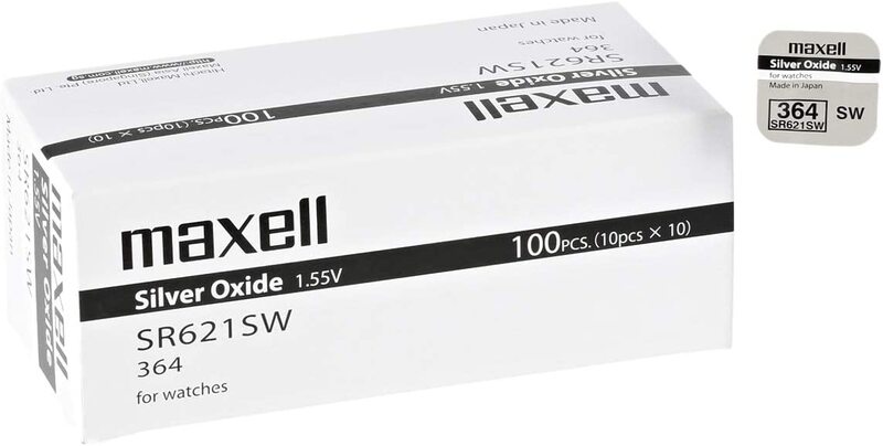 Maxell SR621/364 0.5 Ampere Oxide Batteries, 100 Pieces, Silver