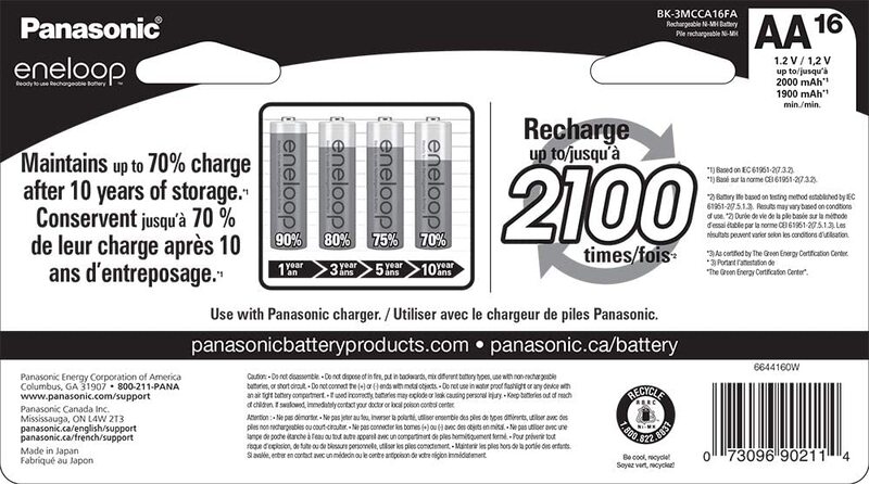 Panasonic 16-Piece BK-3MCCA16FA Eneloop AA 2100 Cycle Ni-MH Pre-Charged Rechargeable Batteries, White