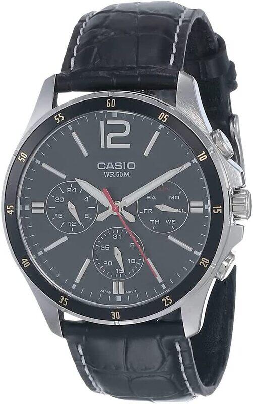 

Casio Analog Watch for Men with Leather Band, Water Resistant and Chronograph, MTP-1374L-1AVDF, Black/Silver