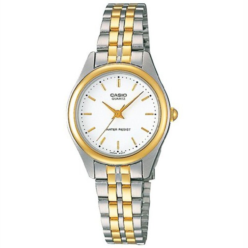 Casio Analog Watch for Women with Stainless Steel Band, Water Resistant, LTP-1129G-7ARDF, White-Gold/Silver