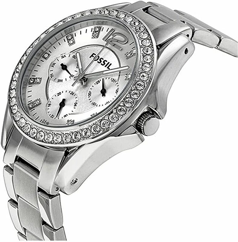 Fossil Riley Analog Watch for Women with Stainless Steel Band, Water Resistant and Chronograph, ES3202, Silver