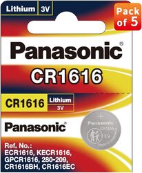 Panasonic CR1616 3V Lithium Coin Battery, 5 Pieces, Silver