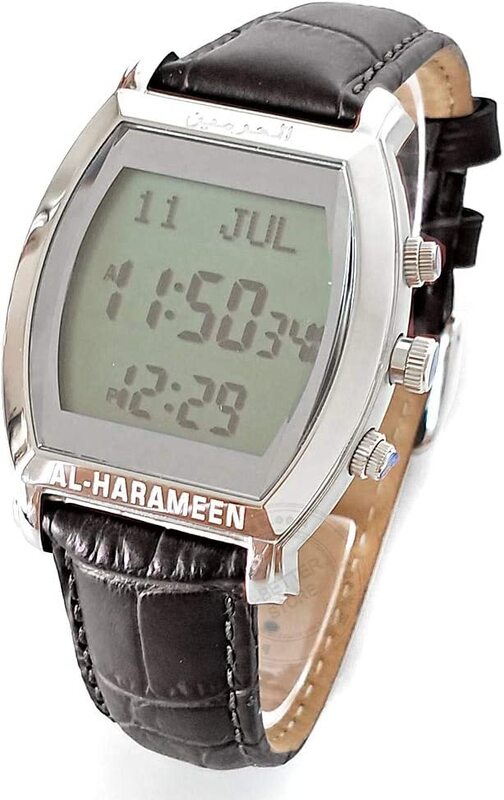 Al-Harameen Digital Watch for Men with Leather Genuine Band, Grey-Black