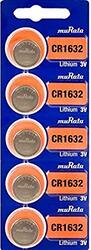 Murata CR1632 3V Lithium Coin Batteries, 5 Pieces, Silver