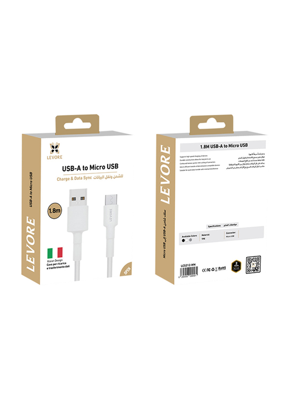 Levore 1.8-Meter Micro B USB Charging Cable, USB Type A Male to Micro B USB for Smartphones, White