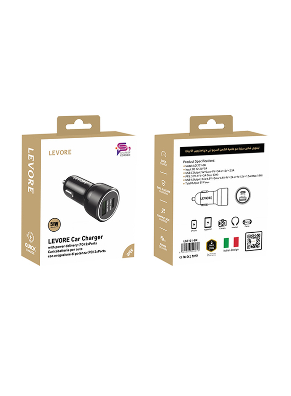 Levore 51W 1XUSB-C PD & 1XUSB-A QC3 Port Car Charger, Black