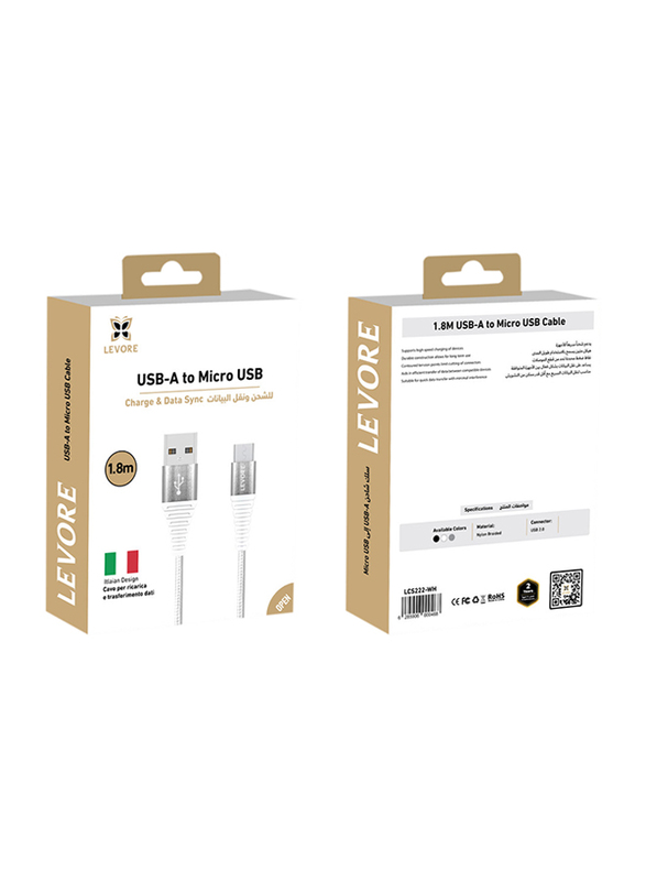 Levore 1.8-Meter Nylon Braided Micro B USB Charging Cable, USB Type A Male to Micro B USB for Smartphones, White