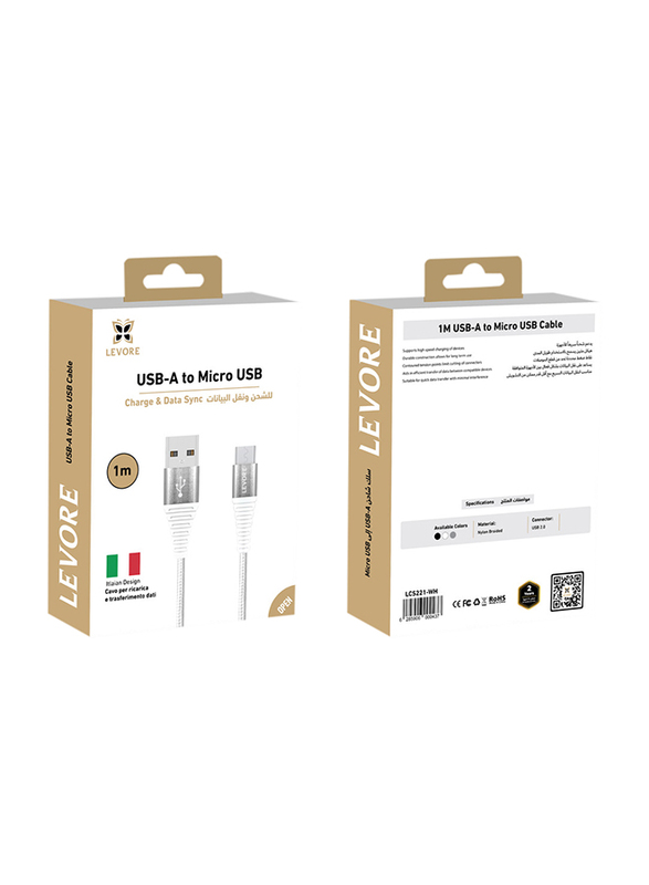 Levore 1-Meter Nylon Braided Micro B USB Charging Cable, USB Type A Male to Micro B USB for Smartphones, White