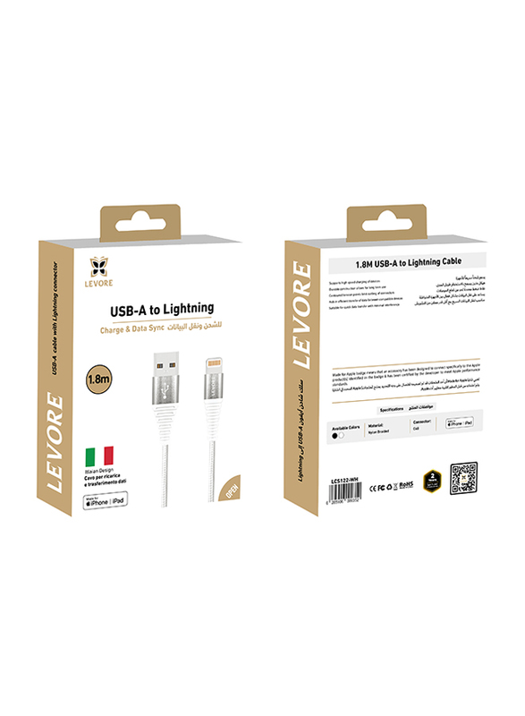 Levore 1.8-Meters Nylon Braided Lighting Cable, USB Type-C to Lightning Cable for Smartphones/Tablets, White