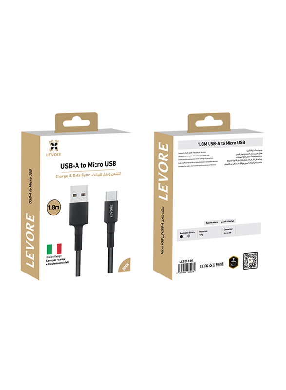 Levore 1.8-Meter Micro B USB Charging Cable, USB Type A Male to Micro B USB for Smartphones, Black