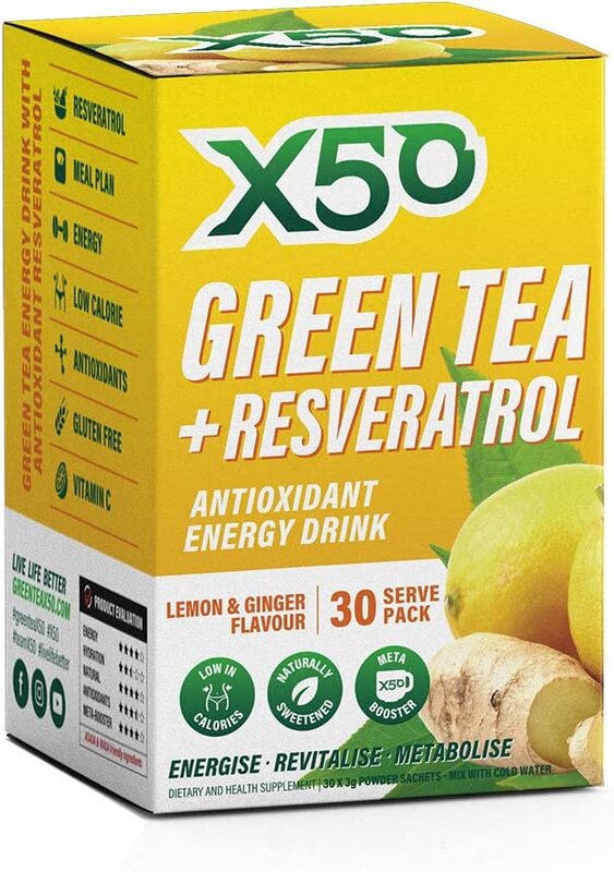 X50 Lemon and Ginger Green Tea Energy Drink, 30 Sachets