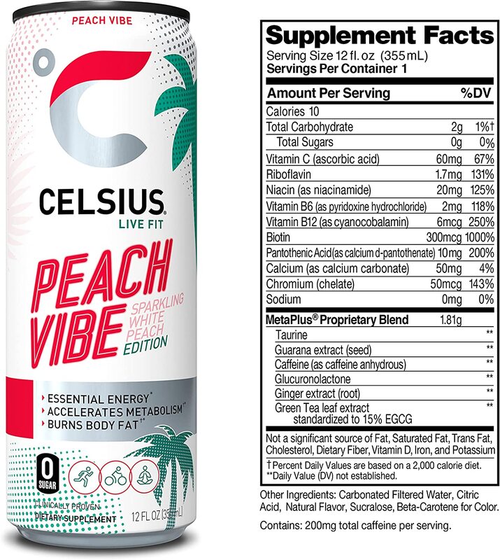 Celsius Sparkling Peach Vibe Essential Energy Drink, 12 x 12oz