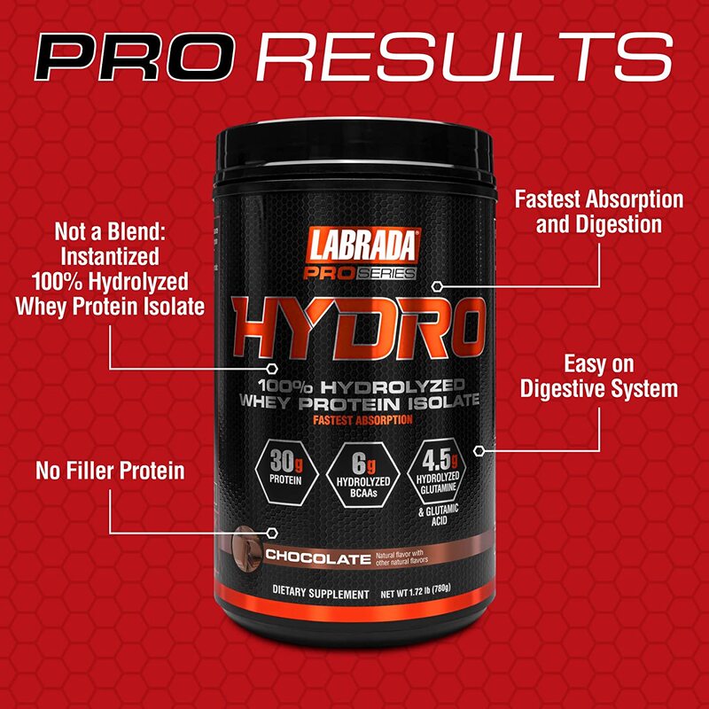 Labrada New Pro-Series Hydro 100% Hydrolyzed Whey Protein Isolate Powder, 780g, Chocolate