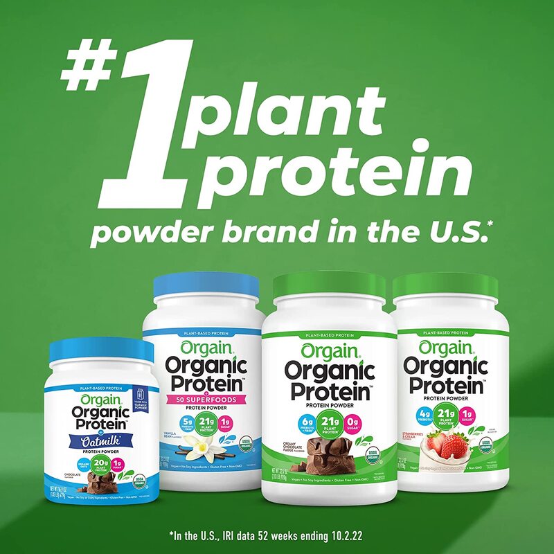 Orgain Organic Plant Based Protein Powder, Vanilla Bean - Vegan, Low Net Carbs, Non Dairy, Gluten Free, Lactose Free, No Sugar Added, Soy Free, Kosher, Non-GMO, 2.03 Pound