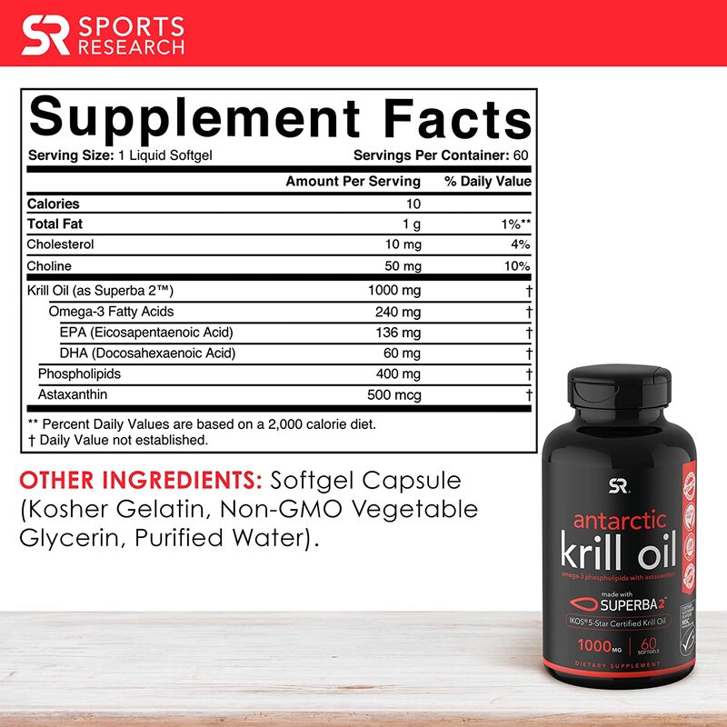 Sports Research Krill Oil Supplement with EPA & DHA Omega 3, 1000mg, 60 Softgels