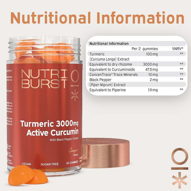 Nutriburst Turmeric 3000mg Active Curcumin 180g Ginger 60 Gummies