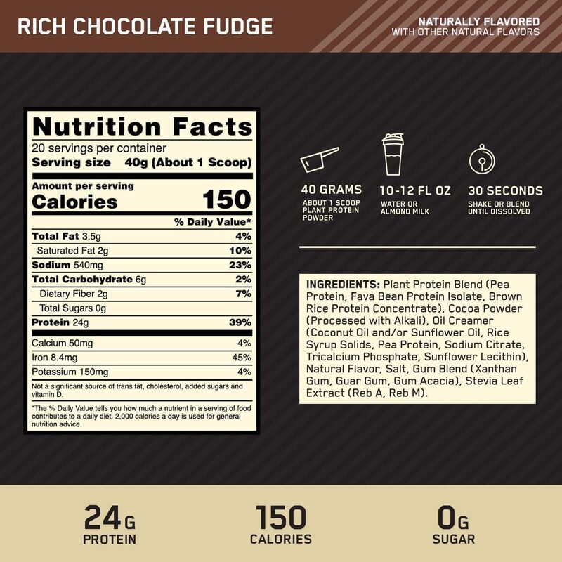 ON Gold Standard 100% Plant Based Protein Powder 1.76lb Rich Chocolate Fudge 20 Servings