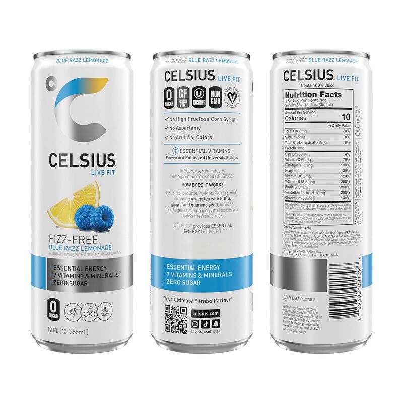 CELSIUS Fizz Free Blue Razz Lemonade Pack of 12 Energy Drink