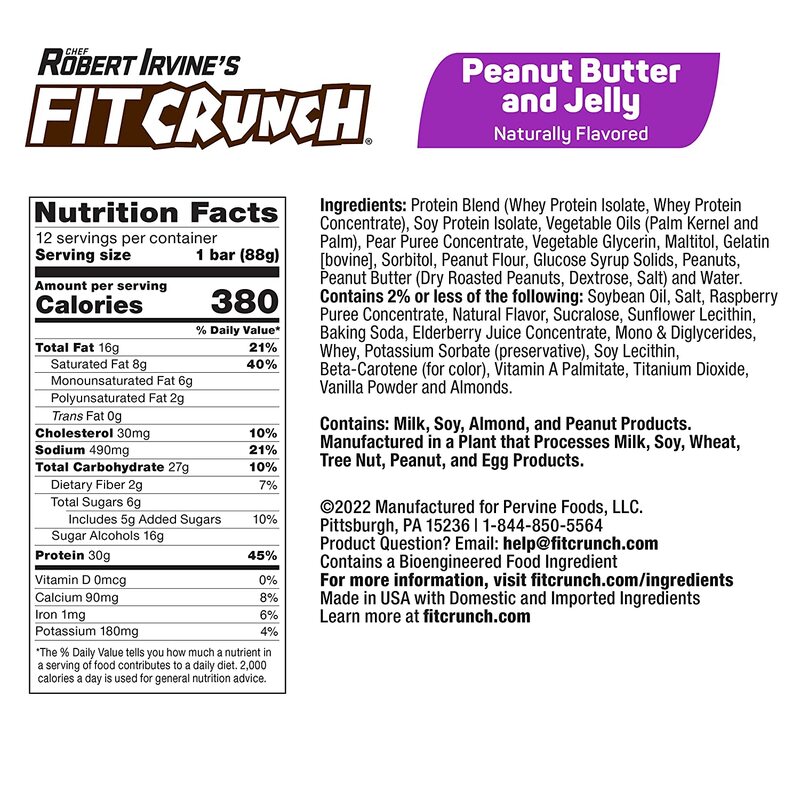 FITCRUNCH Full Size Protein Bars, Designed by Robert Irvine, 6-Layer Baked Bar, 6g of Sugar, Gluten Free & Soft Cake Core (Peanut Butter and Jelly)