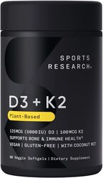 Sports Research Vitamin K2 + D3 with Organic Coconut Oil Supplement, 60 Softgels