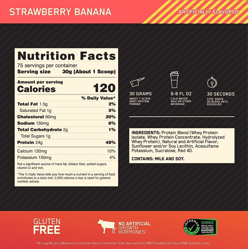 Optimum Nutrition Gold Standard 100% Whey Protein Powder, Strawberry Banana, 5 Pound