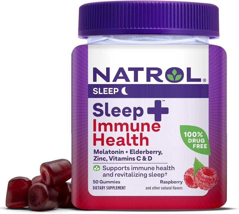 

Natrol Sleep+ Immune Health Melatonin, Elderberry, Zinc, Vitamins C&D Raspberry 50 Gummies