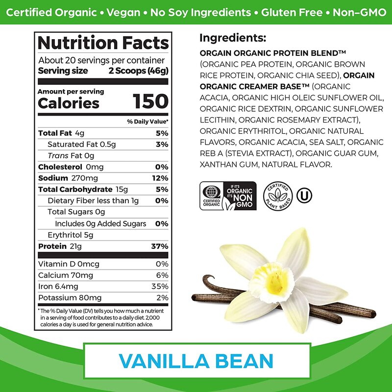 Orgain Organic Plant Based Protein Powder, Vanilla Bean - Vegan, Low Net Carbs, Non Dairy, Gluten Free, Lactose Free, No Sugar Added, Soy Free, Kosher, Non-GMO, 2.03 Pound