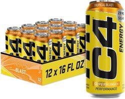 Cellucor C4 Sparkling Tropical Blast Carbonated Zero Sugar Energy Pre Workout Drink, 12 x 16oz