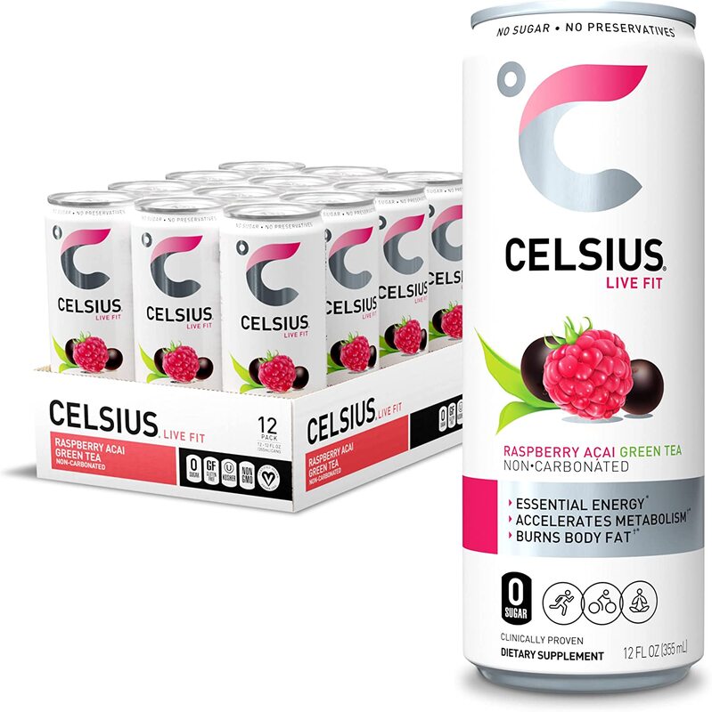 Celsius Raspberry Acai Green Tea Non-Carbonated Fitness Drink with Zero Sugar, 12 x 12oz