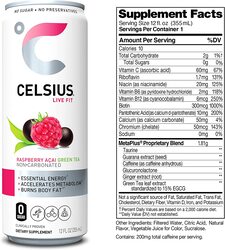 Celsius Raspberry Acai Green Tea Non-Carbonated Fitness Drink with Zero Sugar, 12 x 12oz