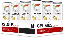 Celsius Apple Pear Zero Sugar Sparkling Fitness Drink Juice, 12 x 12oz