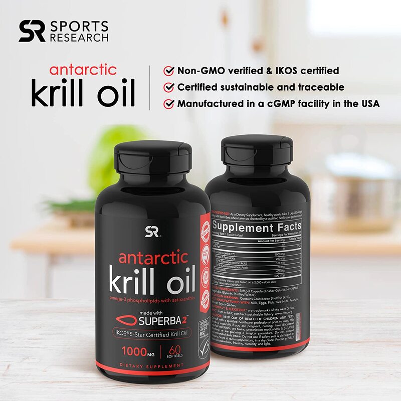 Sports Research Krill Oil Supplement with EPA & DHA Omega 3, 1000mg, 60 Softgels