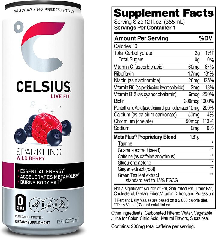 Celsius Sparkling Wild Berry Fitness Drink with Zero Sugar, 12 x 12oz
