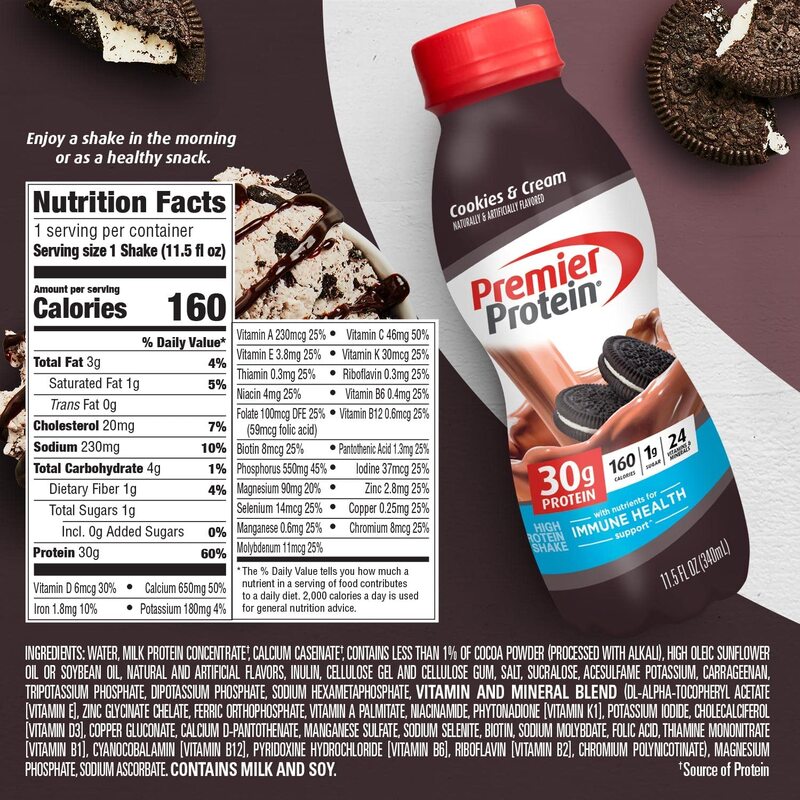 Premier Protein Shake, Cookies & Cream, 30g Protein, 1g Sugar, 24 Vitamins & Minerals, Nutrients to Support Immune Health 11.5 fl oz (12 Pack)