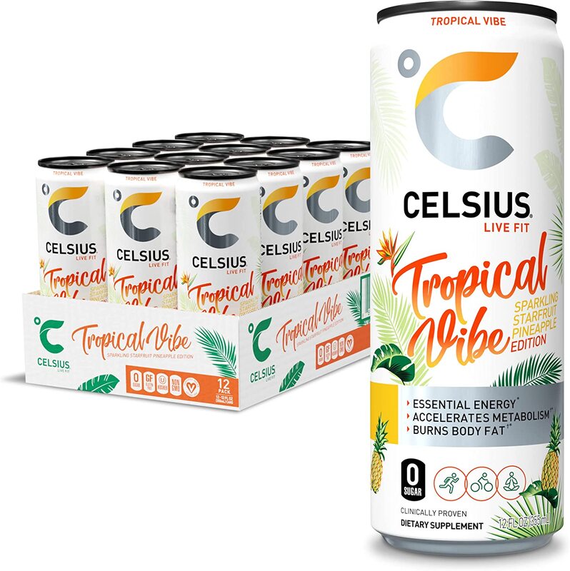 Celsius Sparkling Tropical Vibe Energy Drink with Zero Sugar, 12 x 12oz