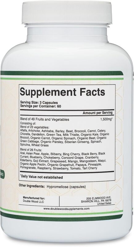 Double Wood Daily Fruits and Veggies Supplement 500 mg 180 capsules