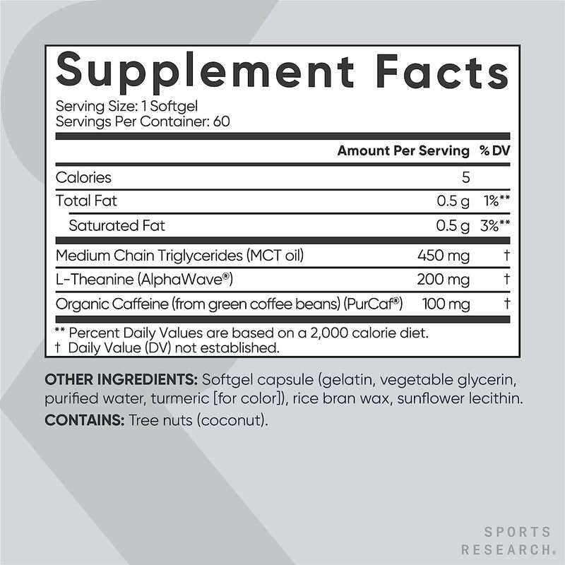 Sports Research L-Theanine & Caffeine 2 in 1 Formula Supplement, 100mg, 60 Softgels