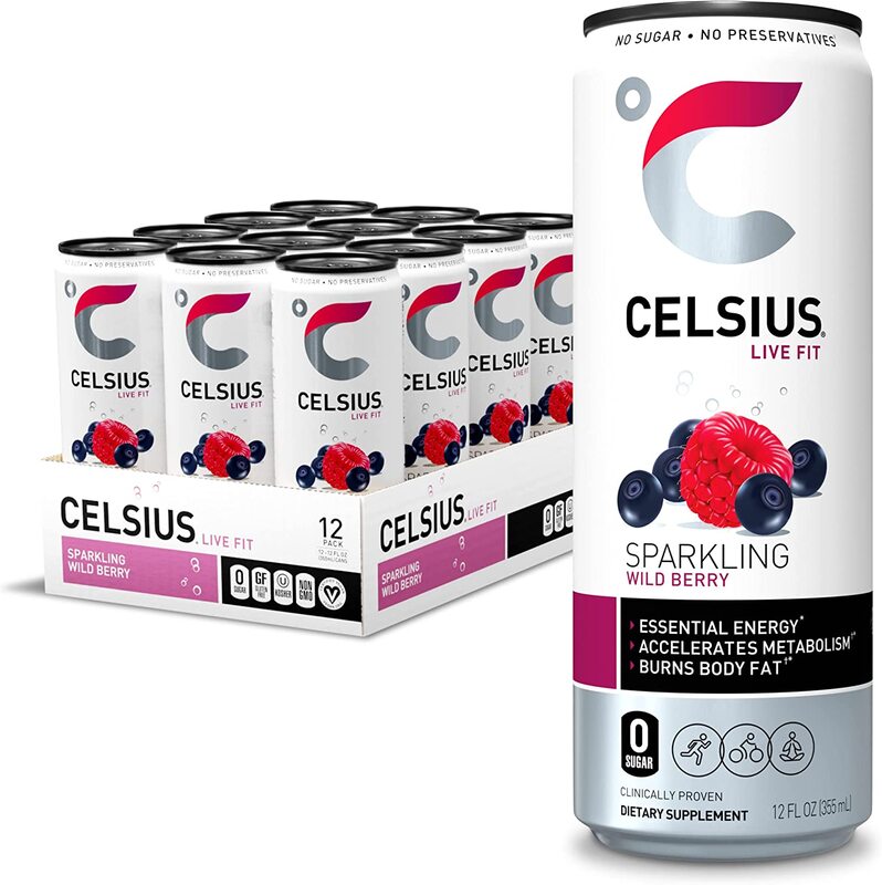 Celsius Sparkling Wild Berry Fitness Drink with Zero Sugar, 12 x 12oz