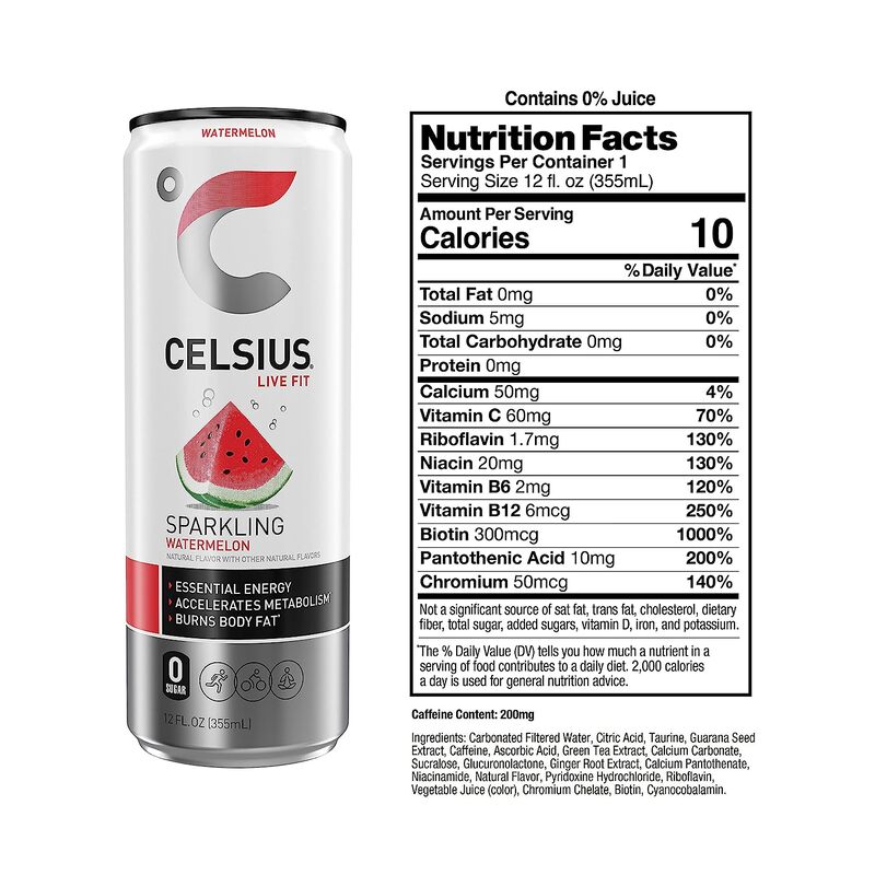 CELSIUS Sparkling Watermelon, Functional Essential Energy Drink 12 Fl Oz (Pack of 12)