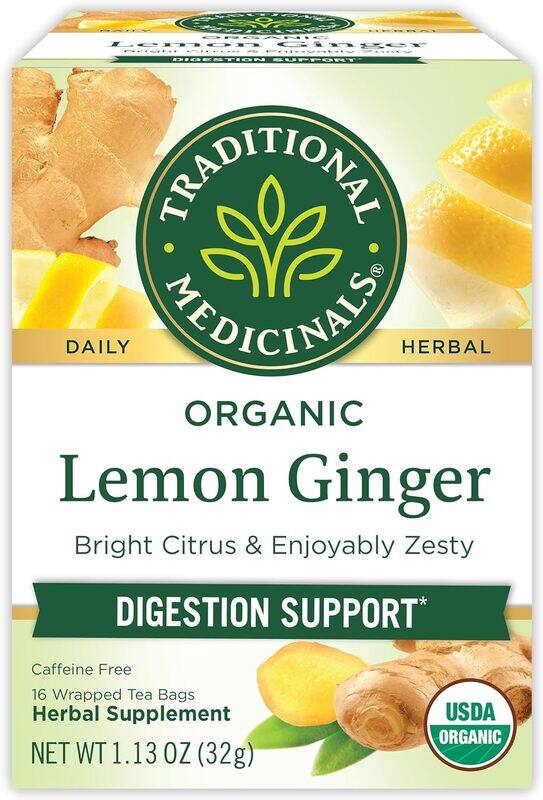 

Traditional Medicinals Organic Lemon Ginger Bright Citrus & Enjoyably Zesty Digestion Support 16 Wrapped Tea bags 32g