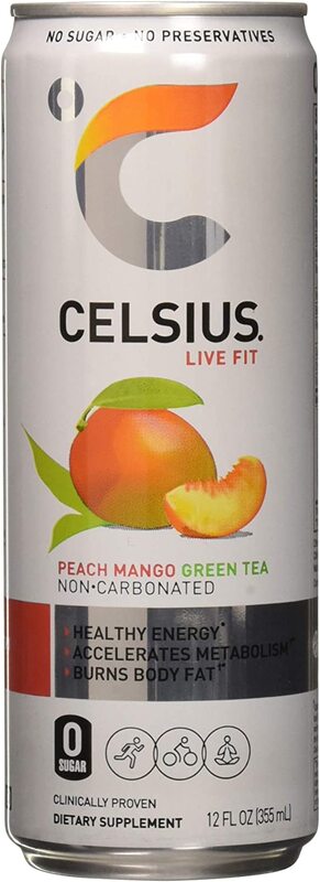 Celsius Peach Mango Green Tea Energy Drink, 12 x 12oz