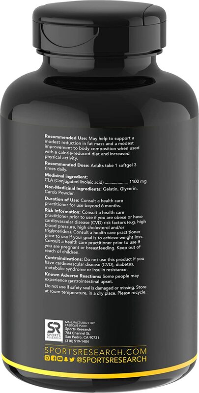 Sports Research CLA 1250 Max Potency Supplement, 1250mg, 180 Softgels
