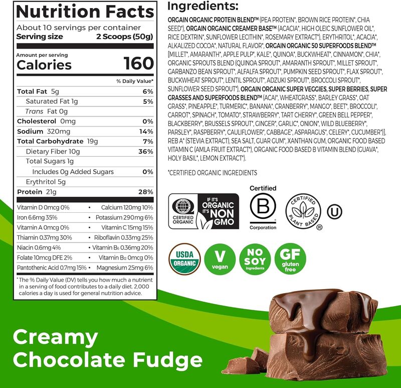 Orgain Organic Superfoods Protein Powder 1.12lb Creamy Chocolate Fudge