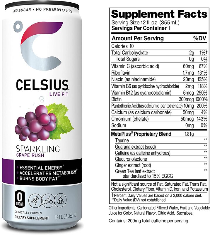 Celsius Zero Sugar Sparkling Grape Rush Fitness Drink, 12 x 12oz