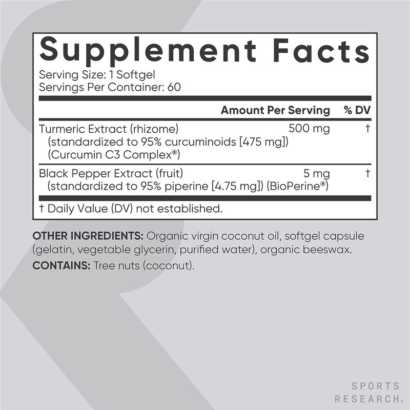 Sports Research C3 Complex Turmeric Curcumin Supplement, 500mg, 60 Softgels