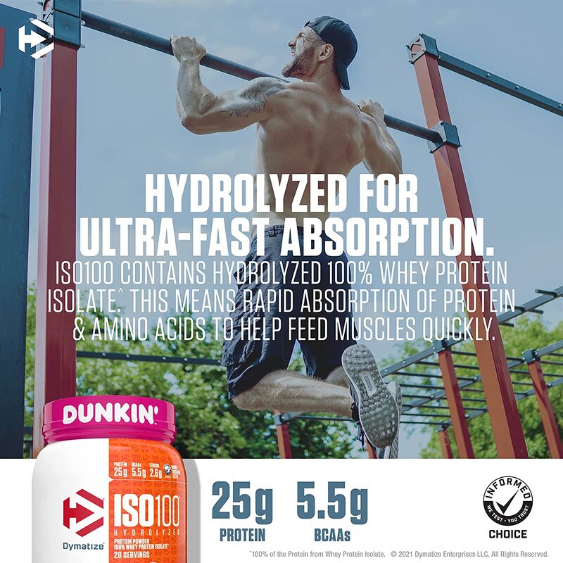 Dymatize ISO100 Hydrolyzed 100% Whey Isolate Protein Powder, 25g Protein, 95mg Caffeine, 5.5g BCAAs, Gluten Free, Fast Absorbing, Easy Digesting, Dunkin' Cappuccino Flavor, 1.36 lbs
